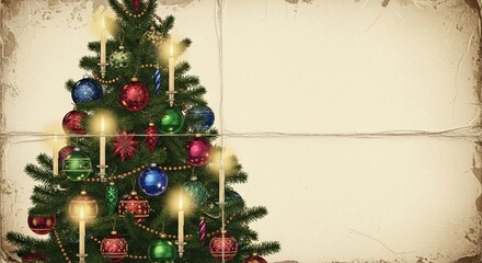 Vintage holiday card with decorated Christmas tree and glowing candles