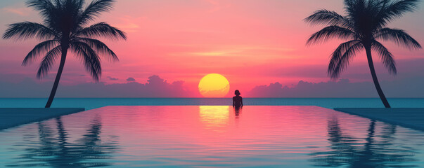 stunning sunset over tropical resort with palm trees and infinity pool, creating peaceful . vibrant colors of sky beautifully on water surface