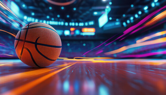 basketball rolls across vibrant court, surrounded by dynamic motion blur, capturing energy of game. arena lights create exciting for sports enthusiasts