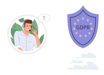 Male support professional wearing a headset talking with concern, GDPR shield icon representing data protection. Ideal for privacy, regulation, compliance, customer service, communication, security