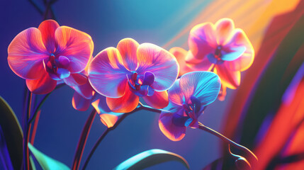 Vibrant orchids with colorful petals illuminated by soft light create stunning visual display. interplay of colors adds depth and beauty to this floral arrangement