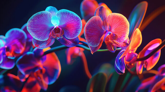 Vibrant orchids illuminated with neon colors create stunning visual display, their intricate details and beauty in manner