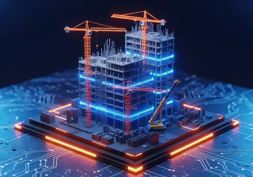 A futuristic 3d render of a building under construction with cranes and glowing blue and orange lights on a digital circuit board