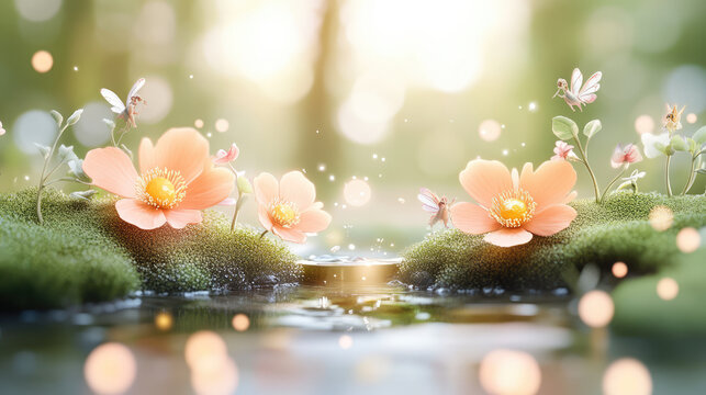 mystical garden scene featuring delicate flowers and soft moss by water surface, illuminated by gentle sunlight. enchanting invites sense of wonder and ity