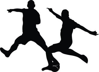 Dynamic silhouette of two soccer players in action.
Silhouettes of two soccer players captured mid-action, one kicking a ball while the other reaches out—pure dynamic energy.
