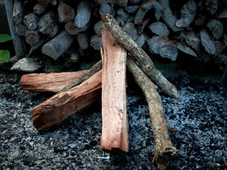 burning fire wood on ground and texture