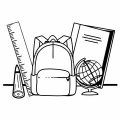 School Supplies Doodle Vector Illustration: Backpack, Ruler, Globe, and Textbook Line Art