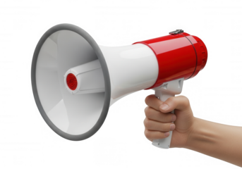 Hand holding red and white megaphone isolated on a transparent background