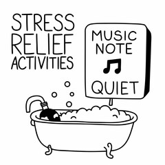 Stress Relief Activities Hand-Drawn Icon: Bubble Bath, Quiet Time, and Music Note Symbol