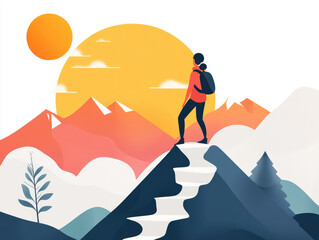 person stands on mountain peak, gazing at vibrant sunset over mountains. scene conveys sense of adventure and achievement