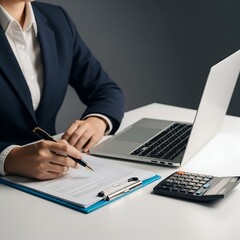 Professional business person in a dark suit diligently working on financial documents with a laptop and calculator on a desk