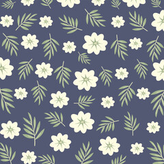 Floral pattern on a black background, flower and leaves seamless pattern. abstract print in rustic vintage style, textile or wallpaper.
