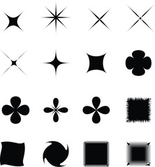 Collection of abstract black sparkle and geometric shapes on a white background.
A grid of sixteen black abstract shapes including sparkles, four-leaf clovers.