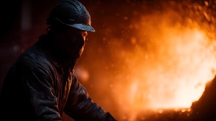 Fototapeta premium Steel factory worker near intense glowing furnace heat with sparks