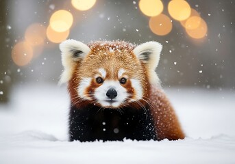 Adorable red panda sitting in the snow during winter with soft bokeh lights in the background, looking directly at the camera