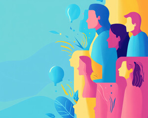 Dynamic illustration of diverse individuals in profile, leadership skills and collaboration. vibrant colors and abstract elements evoke sense of creativity and teamwork