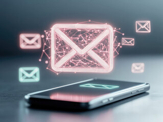 smartphone displaying neon email icon with glowing envelopes floating around, symbolizing digital communication and connectivity. modern design evokes sense of innovation and technology