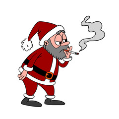 Funny and bad tired Santa Claus after the busy holiday season with smoking 