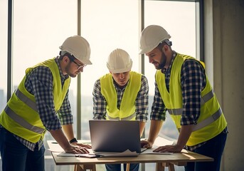 Three construction workers in hard hats and safety vests collaborating around a laptop and blueprints at a construction site