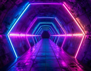 Futuristic neon tunnel with hexagonal shapes