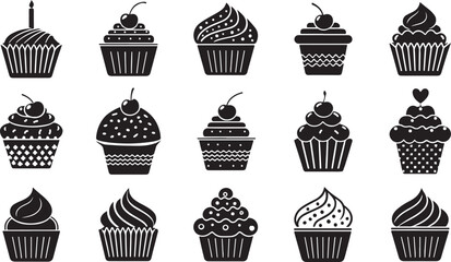Cupcake black silhouette set flat vector illustration icon collections