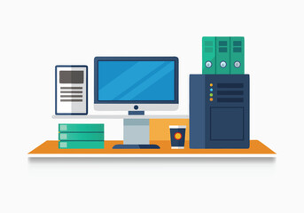 Modern office desk setup with computer monitor server files and coffee cup on a shelf