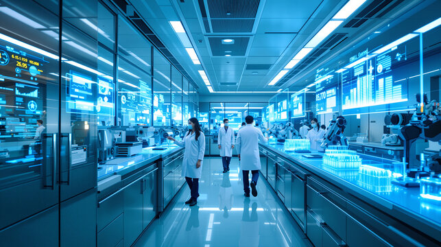 Hightech research lab with holographic displays and futuristic laboratory equipment.