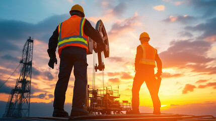 Oil rig workers operating machinery at sunset, teamwork and dedication in dynamic environment. vibrant colors of sky enhance scene energy and focus