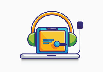 Cartoon illustration of a tablet computer with headphones and microphone for online communication and support