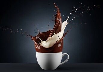 Chocolate and milk splashing out of a white cup, creating a dynamic and delicious beverage