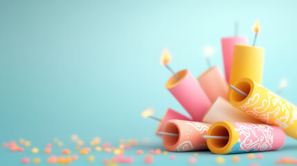 Colorful Diwali crackers arranged artistically with lit wicks, creating festive . vibrant colors and soft background enhance celebratory mood of festival