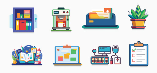 Collection of modern flat design icons representing office supplies and workspace elements