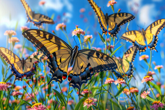 Vibrant yellow butterflies flutter among delicate pink wildflowers under a bright blue sky, evoking a sense of natural beauty and freedom.