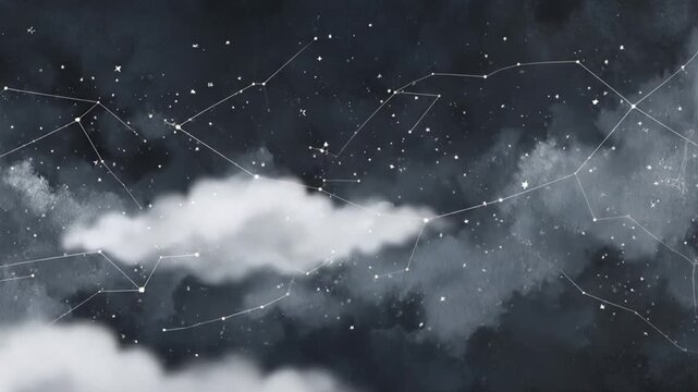 Abstract sky scene with constellations and fluffy clouds background