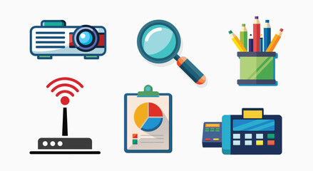 Collection of modern flat design icons representing technology business and education tools for presentations and analysis