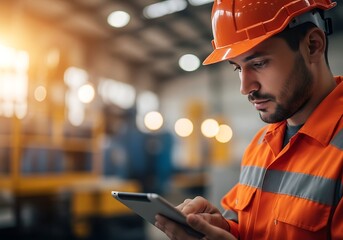 Closeup of a construction worker in an orange hard hat and safety jacket using a tablet in a factory setting