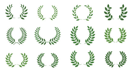 A collection of twelve green laurel wreath symbols representing victory and achievement.