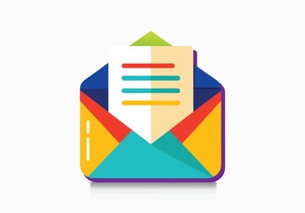 Open envelope with colorful paper document or letter inside flat design illustration