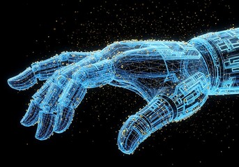 A futuristic robotic hand, rendered as a glowing blue wireframe with intricate circuitry and particles, reaching out against a dark background
