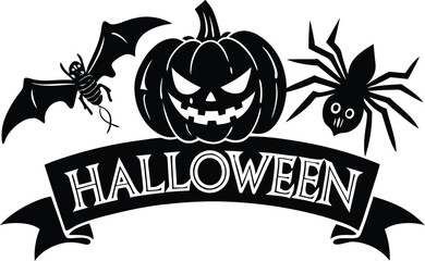 Halloween vector art of halloween themed illustration showcasing a grinning pumpkin, a spider, and a larger spider, all above a banner with the word halloween in a dripping font	
