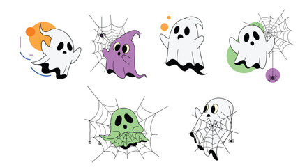 Adorable cartoon ghosts celebrating halloween together on a white background.