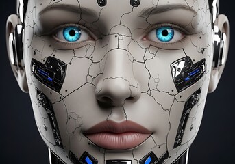 Closeup of a female android face with cracked skin revealing intricate mechanical parts and glowing blue eyes
