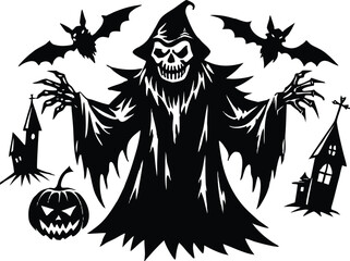 Halloween vector art of halloween themed illustration showcasing a grinning pumpkin, a spider, and a larger spider, all above a banner with the word halloween in a dripping font	
