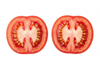 Red tomato halves juicy interior isolated on a transparent background