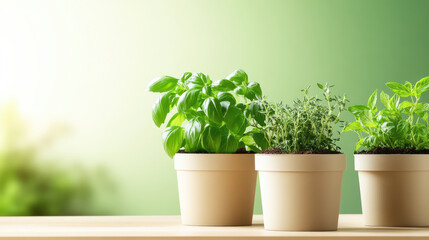 Fototapeta premium Fresh herbs in biodegradable pots on wooden surface, vibrant green basil, thyme, and parsley. soft background creates calming , perfect for gardening enthusiasts