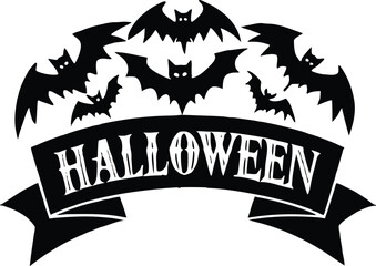 Halloween vector art of halloween themed illustration showcasing a grinning pumpkin, a spider, and a larger spider, all above a banner with the word halloween in a dripping font	
