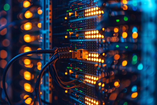 Modern data center with glowing server lights and connected cables