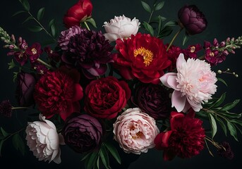 A lush bouquet of deep red, pink, and white peonies and other flowers with dark green leaves