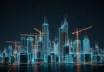 Futuristic digital wireframe city skyline with skyscrapers and construction cranes at night