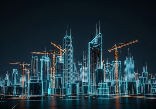 Futuristic digital wireframe city skyline with skyscrapers and construction cranes at night